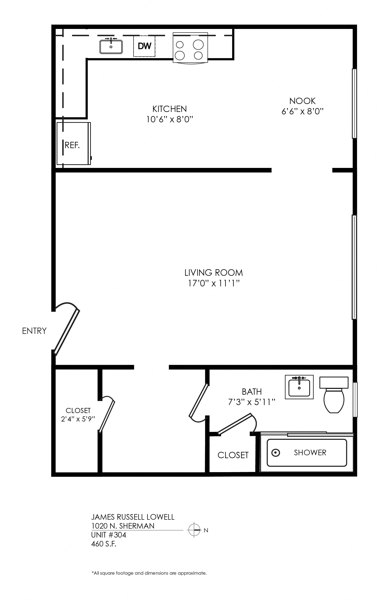 Floor plan for studio, 1 bath, 460 sqft